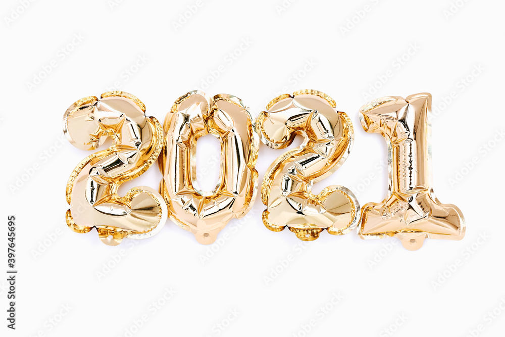 Foil balloons in the form of numbers 2021 on white background. New year celebration. Gold Air Balloons. Foil balloons in the form of numbers 2021 on white background. New year celebration. Gold Air Balloons.