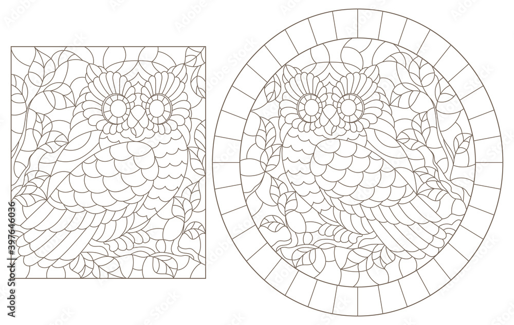 Obraz premium Set of contour illustrations of stained glass Windows with cute cartoon owls on tree branches, dark outlines on a white background