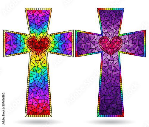 Set of illustrations in stained glass style with bright Christian crosses, isolated on a white background