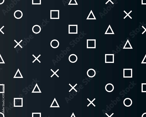 Abstract seamless pattern symbols of the game joystick cross triangle square circle design game console. Design template background geometric symbols play station icons. Vector illustration.