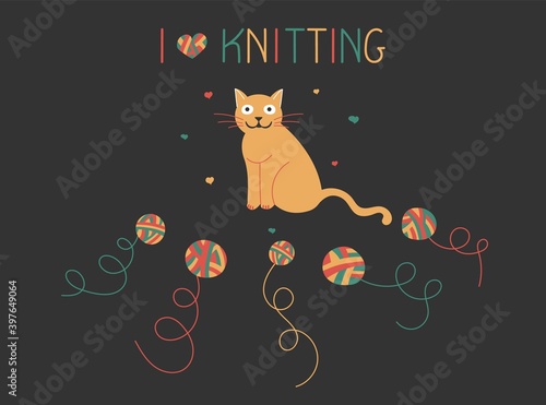 Knitting, composition with a cat and a ball of woolen yarn in a doodle style. For a yarn shop or tailor. Vector illustration.