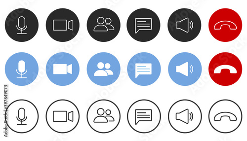 Set of Video call icons. Video conference. Collections buttons of on-line video chat app, internet talk, call technology. Web app ui display template. Videoconferencing and online meeting workspace