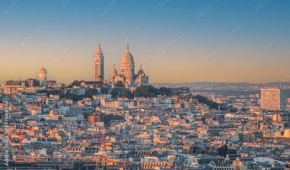 Aerial view of Paris with Montmartre in background