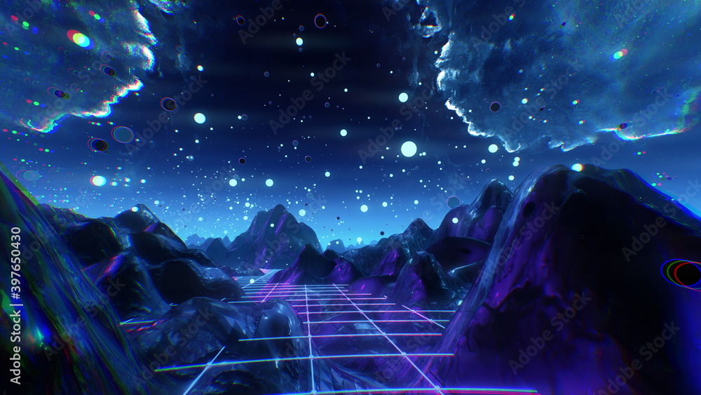 Futuristic flight through trippy landscape background. High quality 3D illustration with mountains, grid, balls for EDM music video, live show, VJ. Psychedelic dream flythrough in 4k - obrazy, fototapety, plakaty 