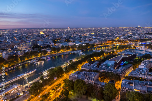 Aerial view of Paris and the Seine River at sunset