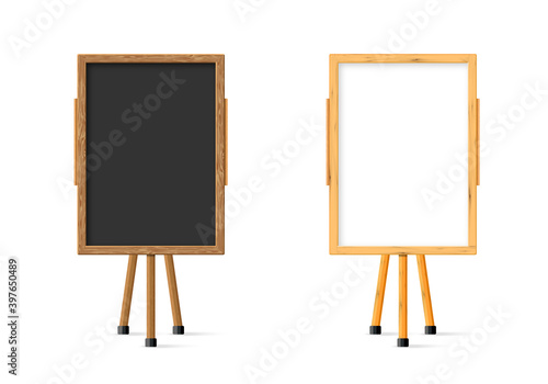 Wooden school child black board and white set on easel front view.