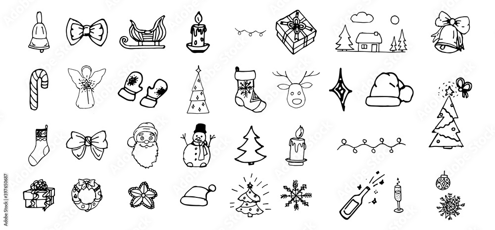 Winter holiday collection or sketches, symbols. New year signs for web design and mobile app, glyph style pictogram package isolated on white background.Christmas solid icon set.