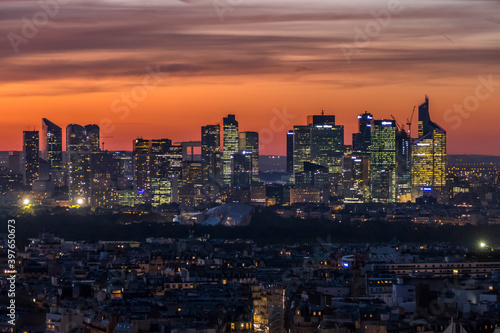 Aerial view of La Defense in Paris at sunset