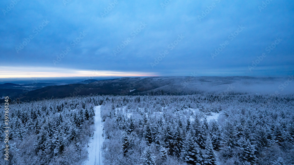 Atemberaubendes Panorama von verschneiter gefrorener nebeliger Winter Landschaft / Nebel Schneelandschaft Hintergrund Schwarzwald Kaltenbronn