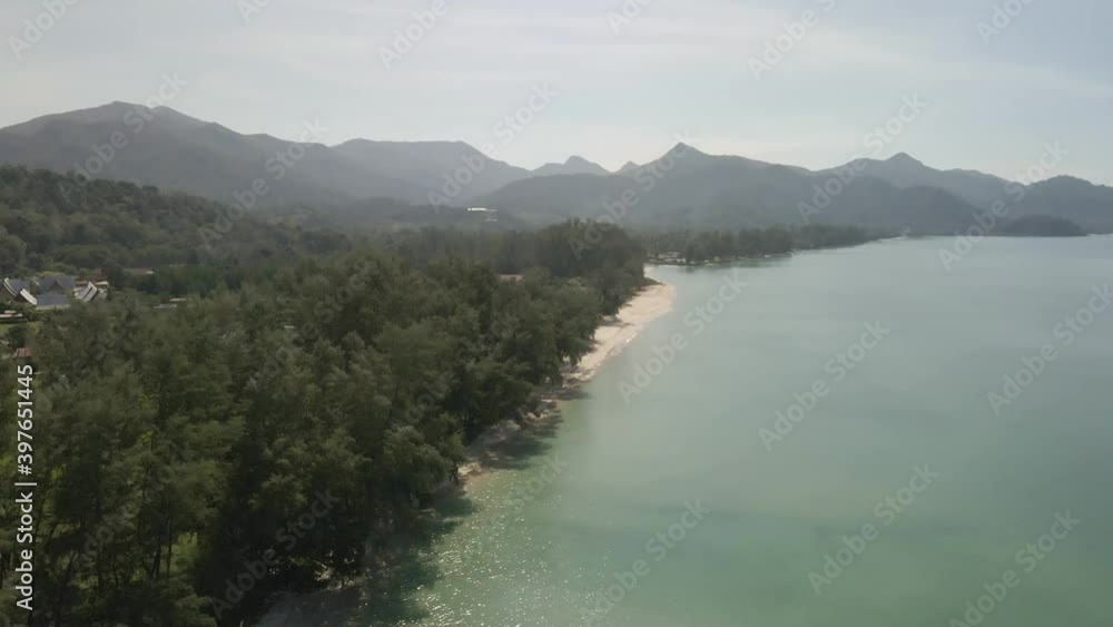 Aerial flyover Koh Chang Klong Prao beach coastline jungle and mountains Aerial flyover Koh Chang Klong Prao beach coastline jungle and mountains