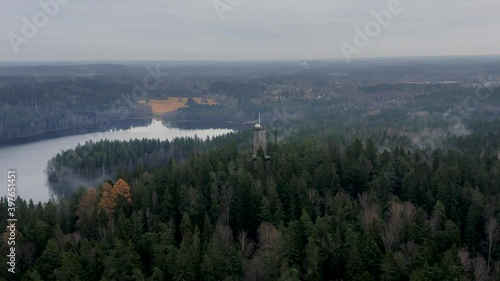 Aerial view of Aulanko tower in the city of Hämeenlinna. On the background you can see national landscape of Finland. photo