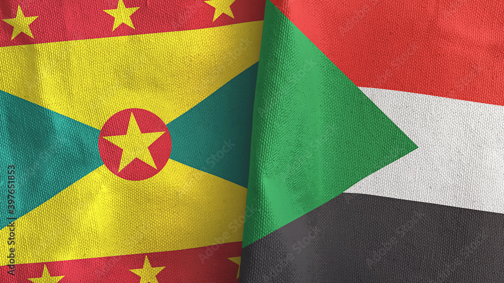 Fototapeta premium Sudan and Grenada two flags textile cloth 3D rendering