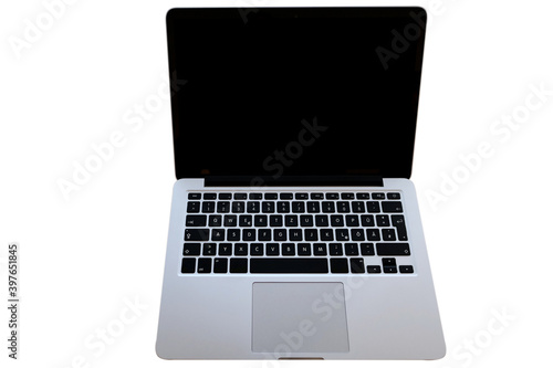 silver laptop on white isolated background, computer, modern gadget work, human workplace concept