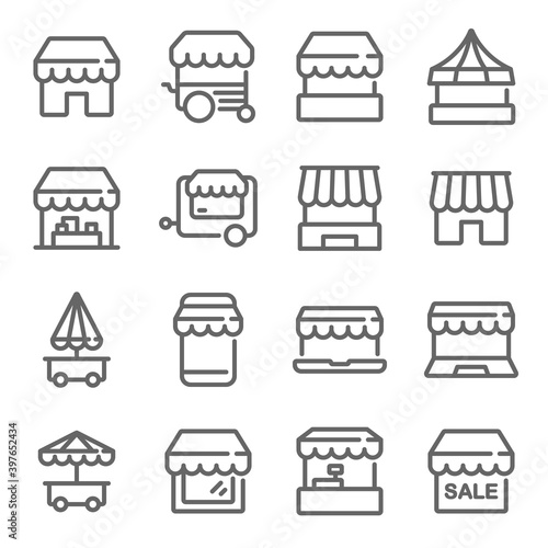 Market, Kiosk icon illustration vector set. Contains such icons as market store, shop, store, stand, and more. Expanded Stroke