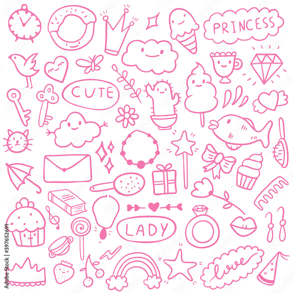Vector illustration set of pink doodle icons. Theme for cute girls, princess, sweets, decorations. All images are isolated. Suitable for backgrounds, wrapping paper.