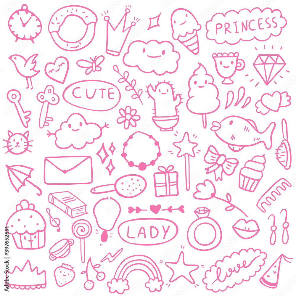 Vector illustration set of pink doodle icons. Theme for cute girls, princess, sweets, decorations. All images are isolated. Suitable for backgrounds, wrapping paper. Vector illustration set of pink doodle icons. Theme for cute girls, princess, sweets, decorations. All images are isolated. Suitable for backgrounds, wrapping paper.