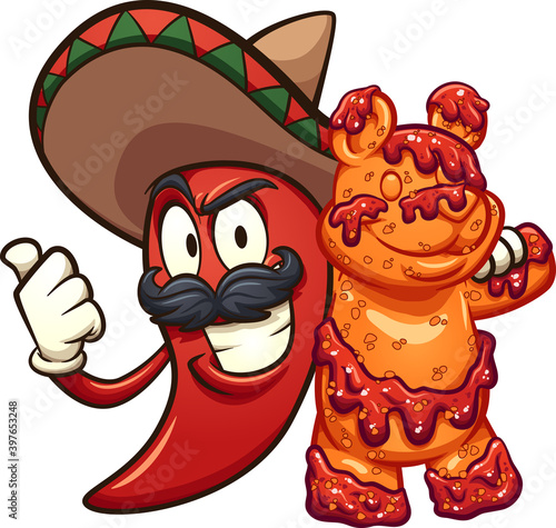 Mexican chili pepper holding a gummy bear covered in chamoy sauce. Vector clip art illustration with simple gradients. Some elements on separate layers. 
 photo