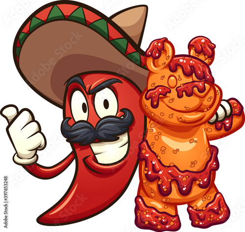 Mexican chili pepper holding a gummy bear covered in chamoy sauce. Vector clip art illustration with simple gradients. Some elements on separate layers. 
