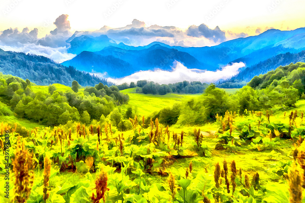 Scenery mountain landscape at Caucasus mountains colorful painting.