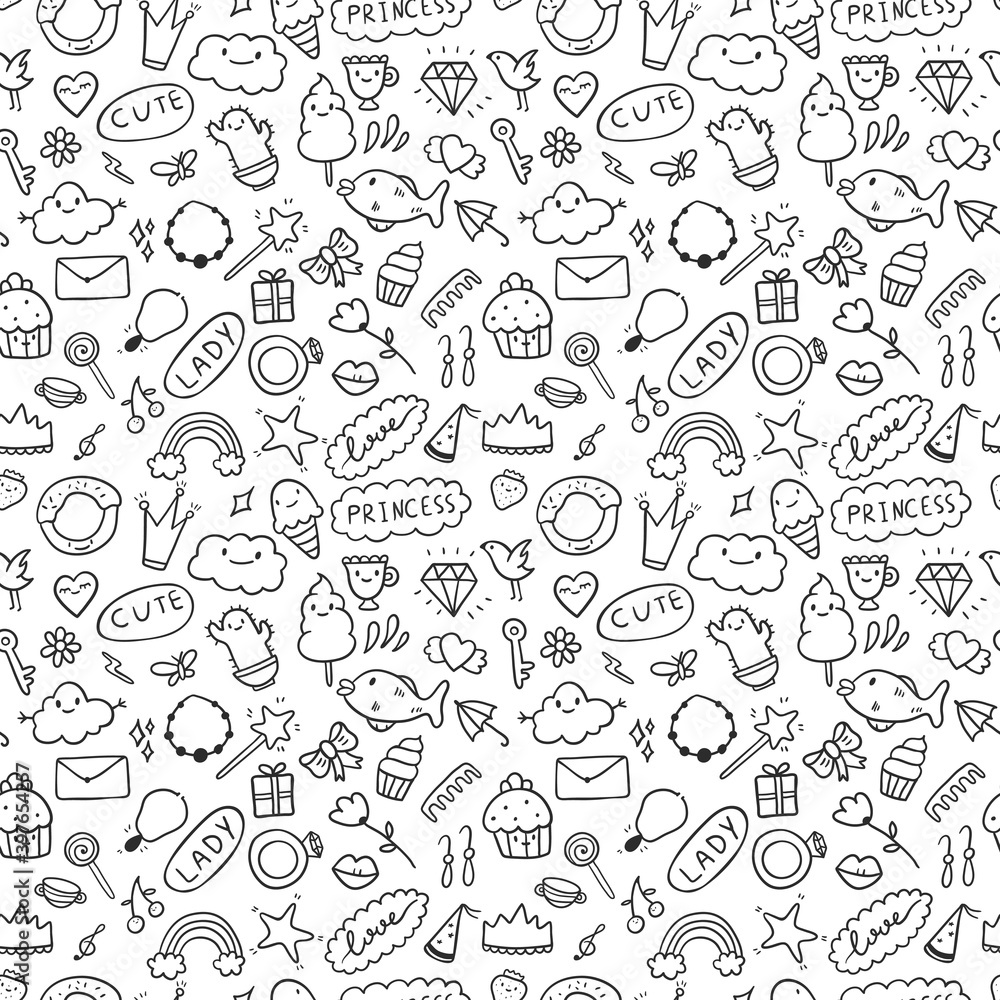 Vector seamless pattern set of pink doodle icons. Theme for cute girls, princess, sweets, decorations. All images are isolated. Suitable for backgrounds, wrapping paper. Vector seamless pattern set of pink doodle icons. Theme for cute girls, princess, sweets, decorations. All images are isolated. Suitable for backgrounds, wrapping paper.