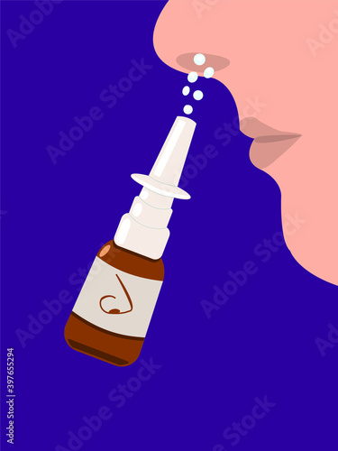 Illustration on the use of a nasal spray for sinus treatment. Medical theme. It can be used in otolaryngology, disease, pharmacy, health information.