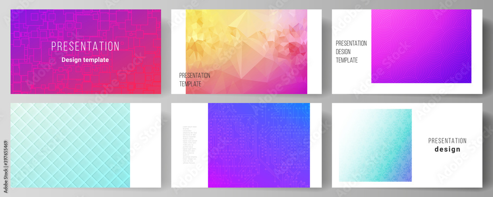 The minimalistic abstract vector illustration of the editable layout of the presentation slides design business templates. Abstract geometric pattern with colorful gradient business background.