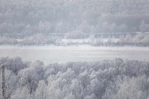 Winter landscape on a river with tree in frost