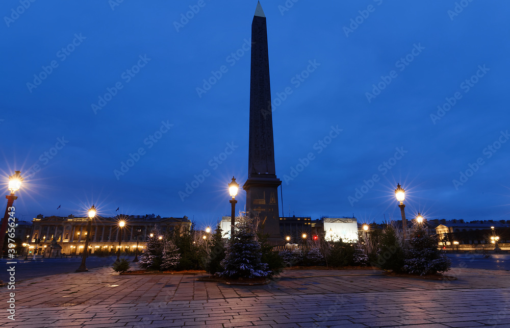 Concorde square, Paris-the obelisk surrounded by Christmas trees.