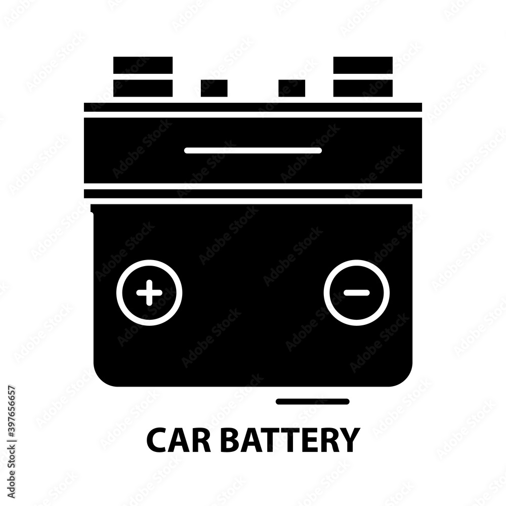 car battery icon, black vector sign with editable strokes, concept illustration car battery icon, black vector sign with editable strokes, concept illustration