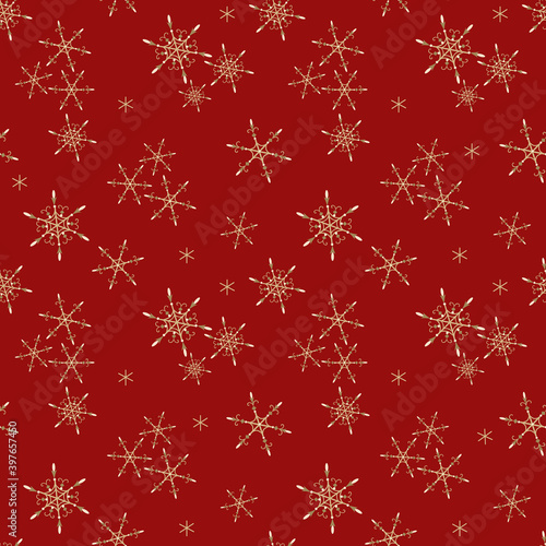 Golden vector snowflakes seamless pattern. Elegant red Christmas and New Year background texture with gold snow, small snowflakes, sparkles. Winter holidays theme. Luxury repeat design for decoration