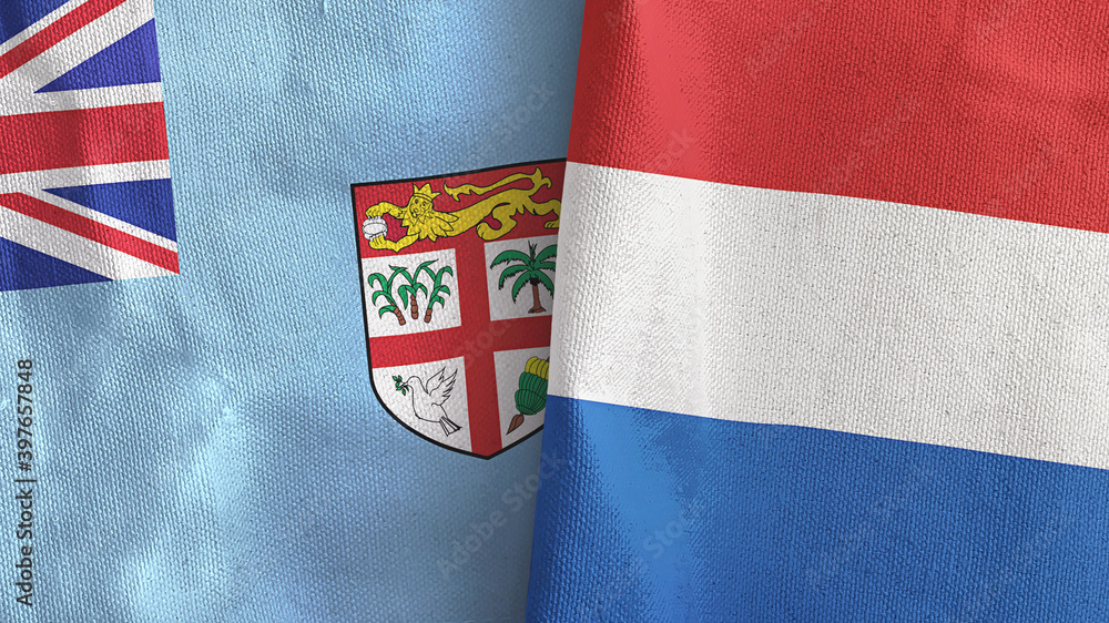 Netherlands and Fiji two flags textile cloth 3D rendering