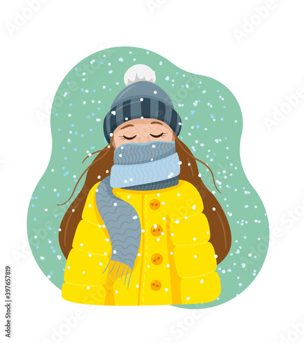 Flat portrait of young women in warm winter clothes - wooden scarf and hat and yellow coat. Cold Weather with snow. Vector illustration for Christmas poster or card about winter joy, happyness, dreams