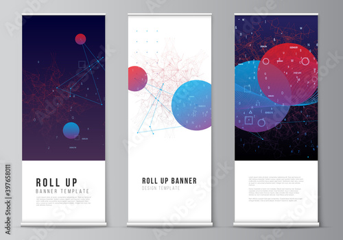 Vector layout of roll up mockup templates for vertical flyers, flags design templates, banner stands, advertising. Artificial intelligence, big data visualization. Quantum computer technology concept.