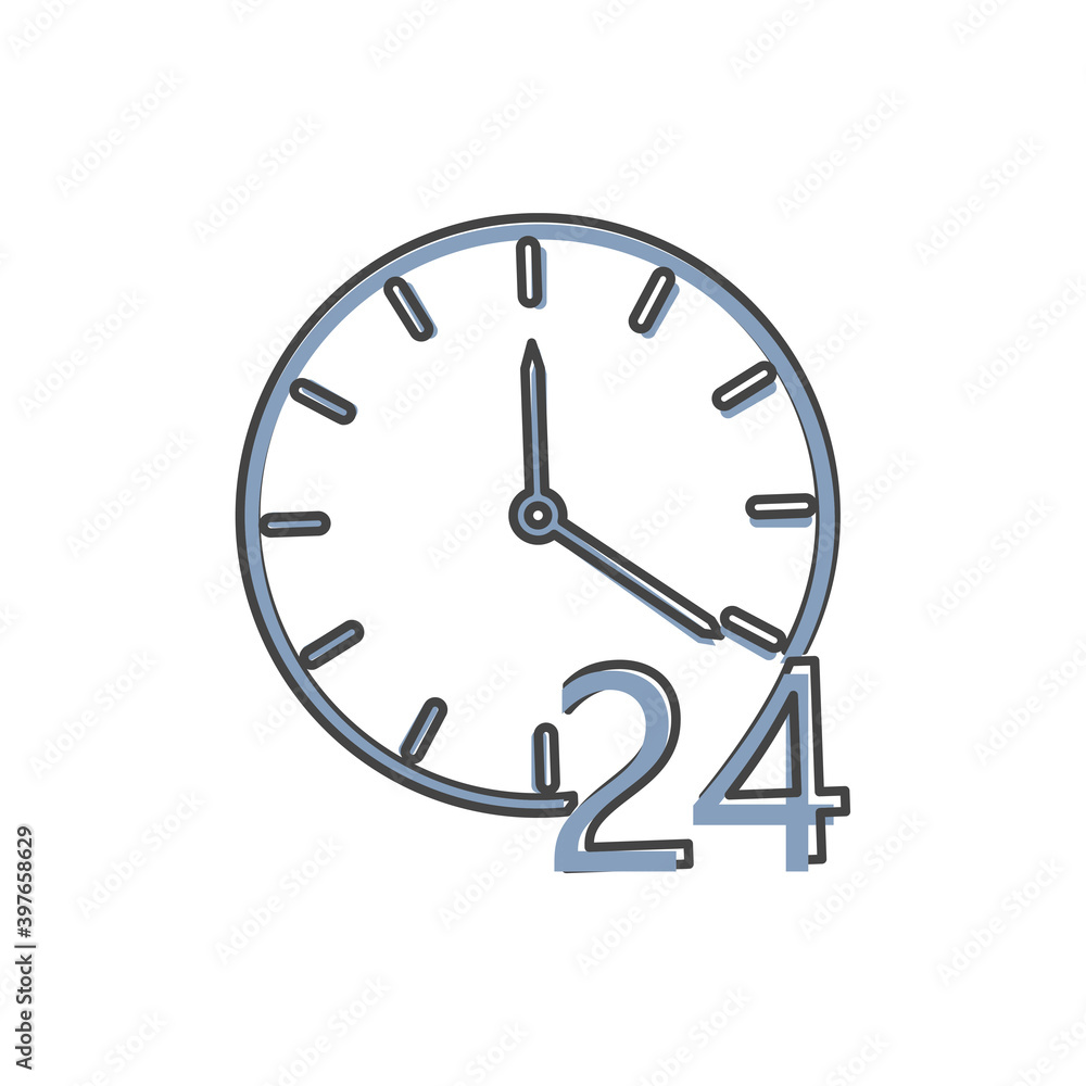 Vector icon of a clock. 24 hours. Vector illustration clock on cartoon style on white isolated background. Vector icon of a clock. 24 hours. Vector illustration clock on cartoon style on white isolated background.