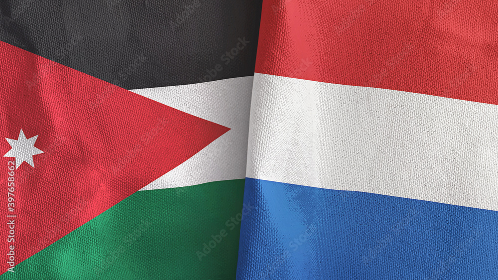 Netherlands and Jordan two flags textile cloth 3D rendering