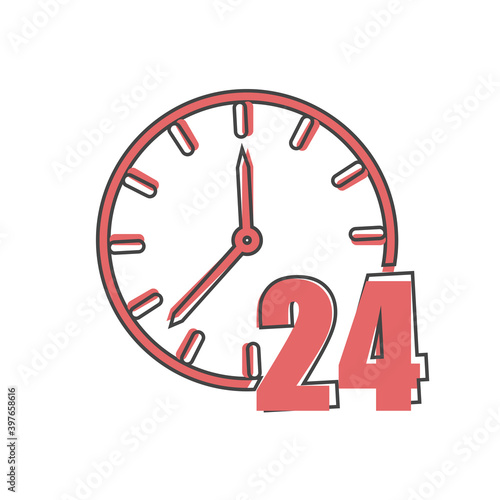 Vector icon of a clock. 24 hours. Vector illustration clock on cartoon style on white isolated background.