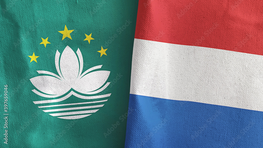 Netherlands and Macau two flags textile cloth 3D rendering