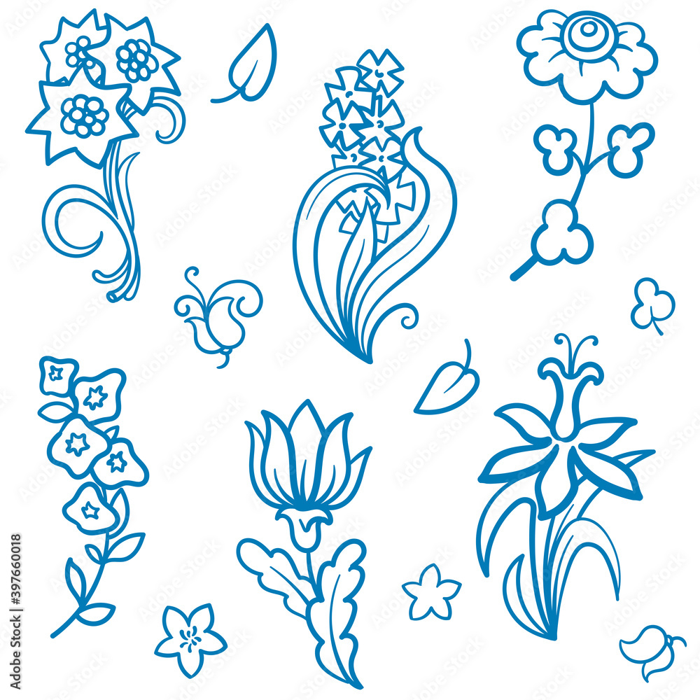 Floral ornament elements collection isolated on white. Seamless vector pattern.