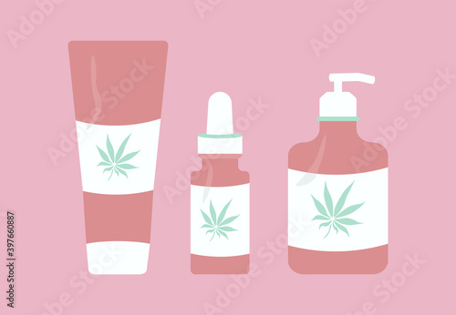 Tube with cream, serum bottle and lotion with hemp, hemp oil in organic cosmetic product. Cannabis in skincare. Abstract art, hand drawn vector illustration