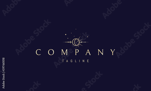 Vector golden logo on which the abstract image of the moon and sun on a background of stars.