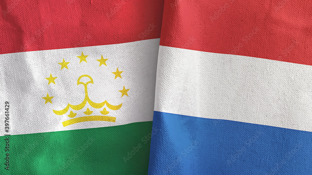 Netherlands and Tajikistan two flags textile cloth 3D rendering