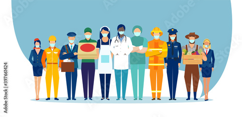 Vector of a group of essential workers wearing face masks