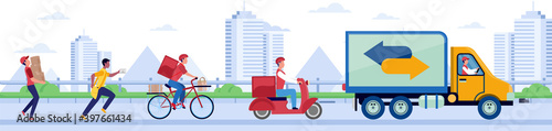 Vector of different types of delivery by truck, scooter, bicycle and walking deliveryman