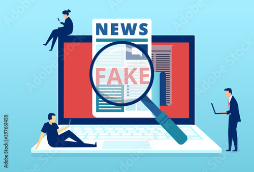 Vector of people fact checking fake news published in social media photo