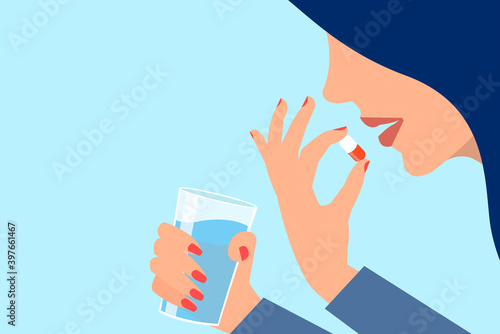 Vector of a woman taking her pills with glass of water