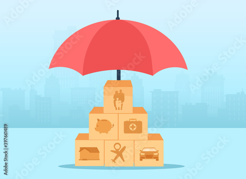 Car, home, travel, finances, health, family, life insurance concept