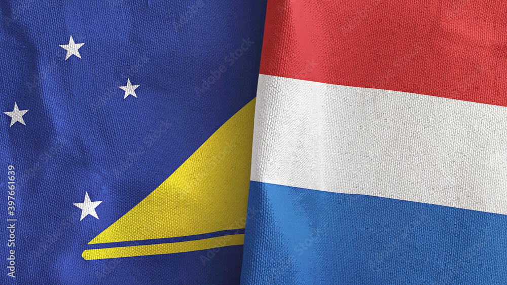 Netherlands and Tokelau two flags textile cloth 3D rendering