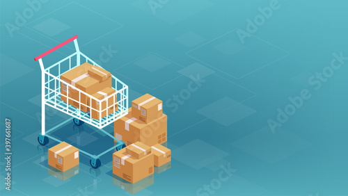 Vector of cardboard boxes and shopping cart