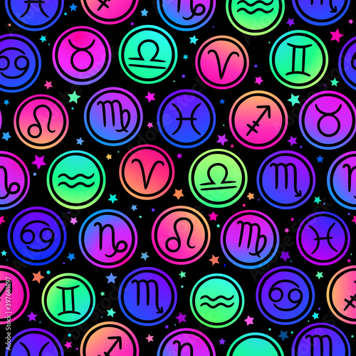 seamless pattern consisting of bright circles with zodiac icons