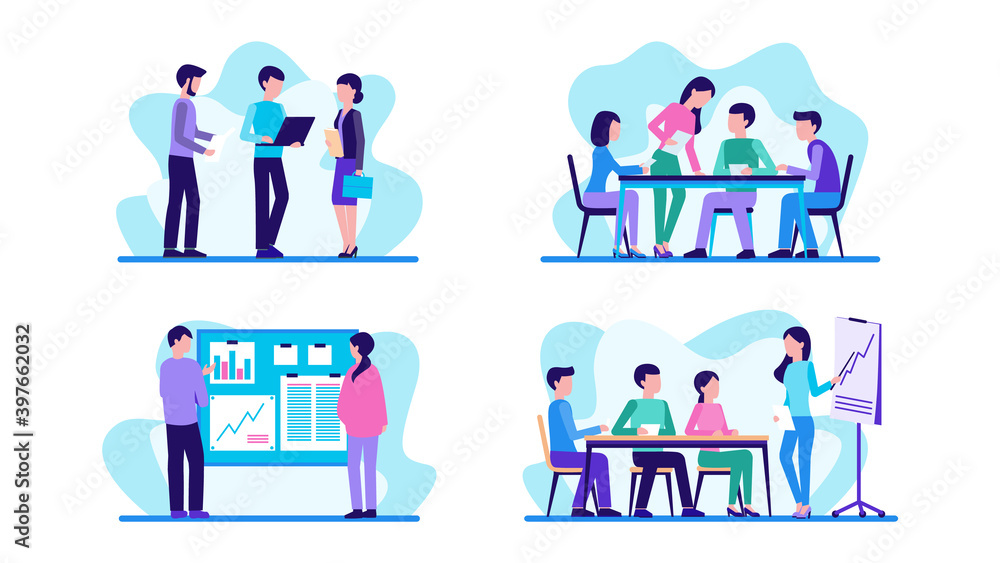 People work in office. Set of concepts. Teamwork, communication, meeting. Vector illustration.